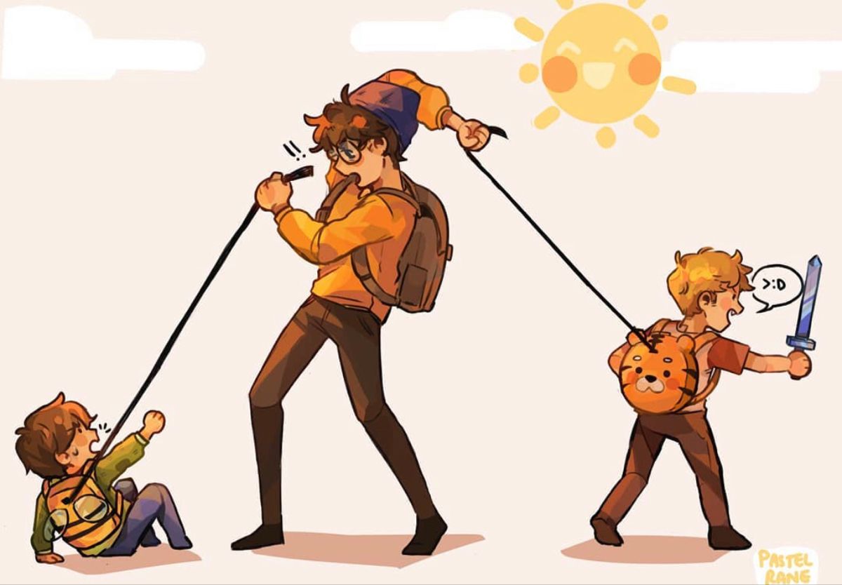 This is a drawing of Wilbur trying to rein in Tubbo and Tommy, who are depicted as preschool-age children. Wilbur stands in the middle of the picture struggling a bit. He holds two leashes, one in each hand. Tommy is a the end of the child's leash in Wilbur's right hand and Tubbo at the end of the child's leash in Wilbur's left hand. Wilbur is pulling Tubbo up off the ground while also pulling Tommy back to the group. He is wearing the same clothes as his minecraft skin with the exception of round glasses. He is exasperated. Tubbo lays on the ground in the bottom left of the picture, crying and reaching up towards Wilbur with his right hand. He is dressed in the same clothes as his minecraft skin with the exception of having brown hair and wearing a bee backpack the leash is attached to. Tommy is running away from the group towards the right-hand side of the picture. He is happily shouting and having fun. He wears the same clothes as his minecraft skin with the exception of a tiger backpack that the leash is attached to. Tommy wields a small toy sword and there is a speech bubble coming out of him reading >:D. The background is plain white. There is a smiling, blushing sun drawn in a watercolor style at the top of the picture.